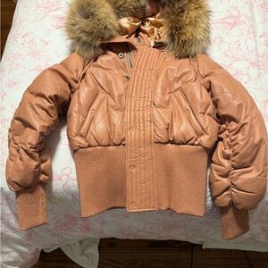 Catherine Malandrino Tan Outerwear with Fur Accent.